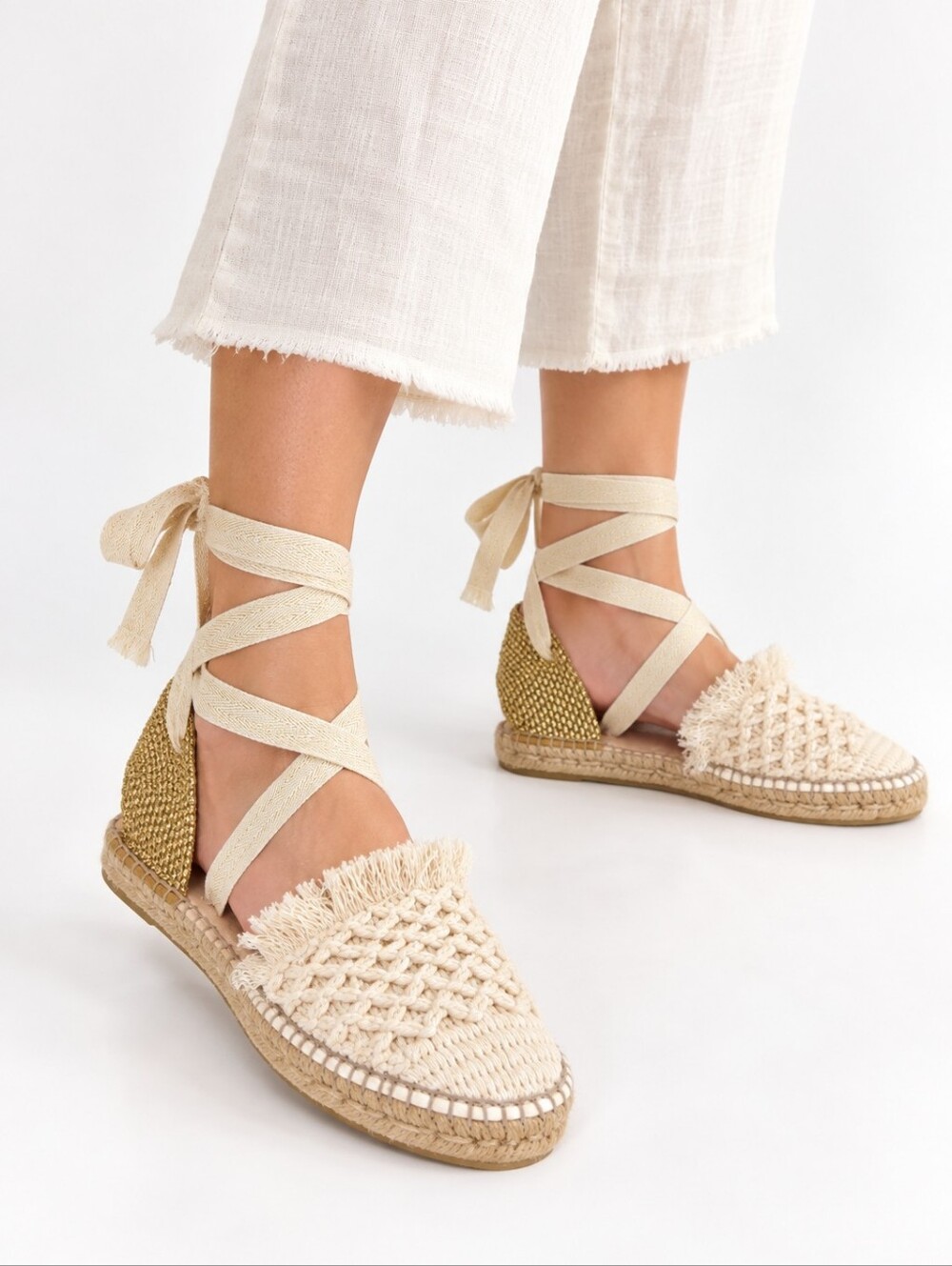 Free People Vida Espadrilles Womens 8 Ivory Gold Crochet Lace Up Boho Flats